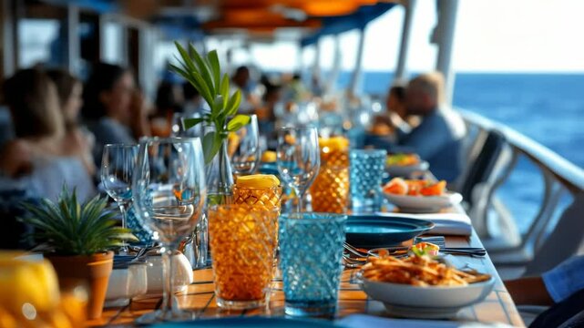 Beautifully set dining table on the open deck of a luxury cruise ship with colorful glassware, plates, and elegant table decorations, overlooking the ocean while people enjoy food and conversation tog