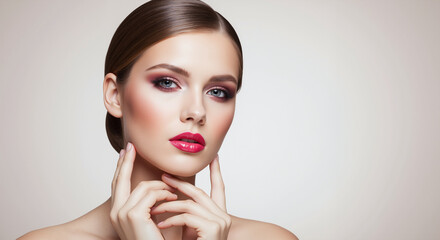 Woman with updo hairstyle and pink makeup. Sophisticated look for a special occasion. For bridal makeup and hair salon advertising. Banner with copy space