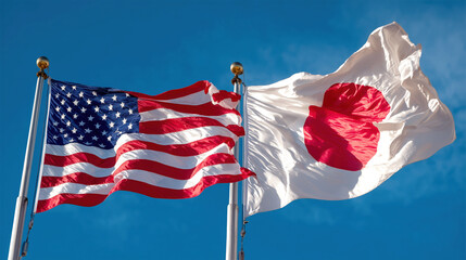 American and Japanese flags waving together against clear blue sky, symbolizing international friendship and cooperation