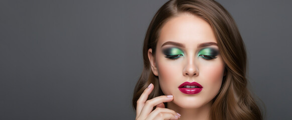 Fototapeta premium Woman with green smokey eyes makeup and pink lipstick on a grey background. Glamorous look by a professional makeup artist. For beauty salon and cosmetics promotion. Banner with copy space