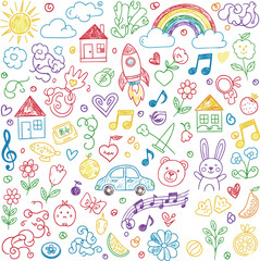 Kid crayon hand drawn background. Children school pencil bg. Cute summer flower, cloud, house, rainbow sun child icon. Vector kid sketch illustration. Cute crayon children pattern. Color pencil doodle
