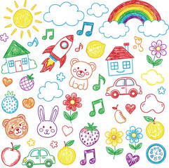 Kid crayon hand drawn background. Children school pencil bg. Cute summer flower, cloud, house, rainbow sun child icon. Vector kid sketch illustration. Cute crayon children pattern. Color pencil doodle