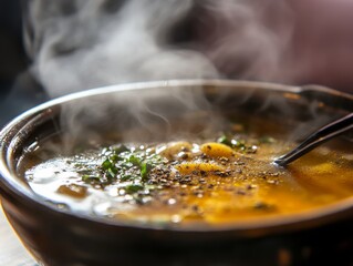 Close-up of steam rising from a bowl of soup as black pepper is added