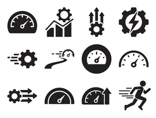 Performance and speed solid glyph icon set for optimization and measurement showing speedometer gear and other symbols for efficiency and progress tracking