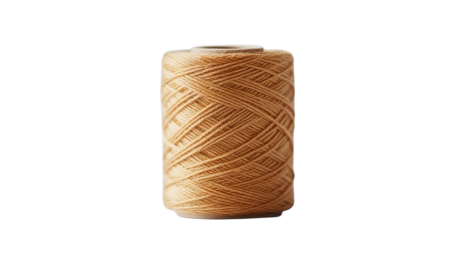 Golden thread spool rests on a soft surface, ready for creative sewing projects in a cozy craft room filled with inspiration on transparent background