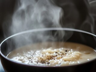 Close-up of steam rising from a bowl of soup as black pepper is added