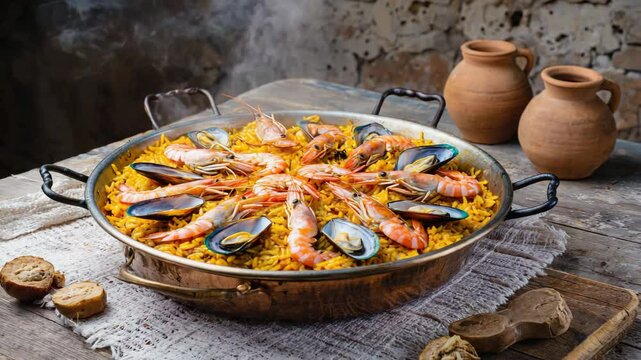 Portuguese arroz de marisco, seafood rice with shrimp, clams, and mussels, served in a large shallow pan, rustic Mediterranean setting with soft, warm lighting
