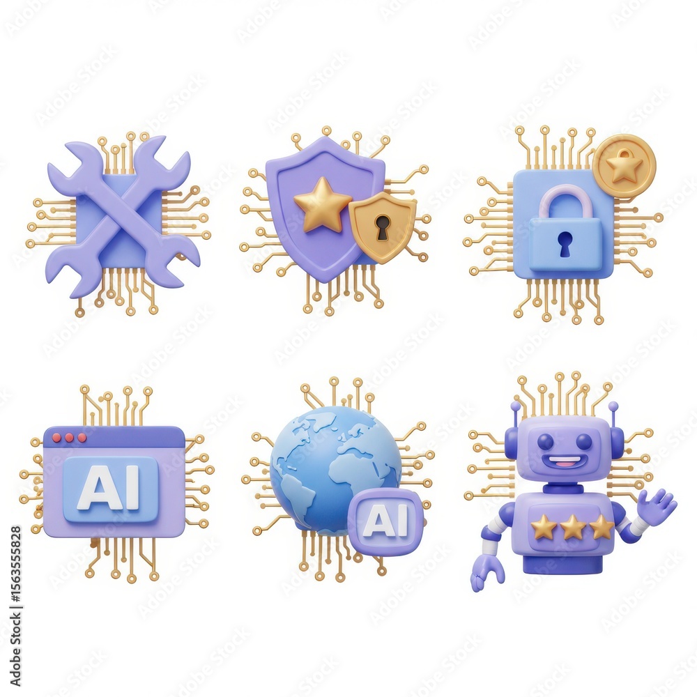 Aufkleber 3d tech icons set security ai global network isolated on white background