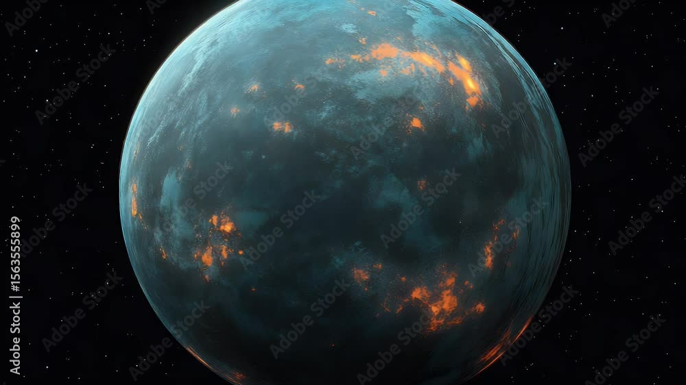 Poster abstract depiction of a celestial body covered in grid-like textures with illuminated orange patches