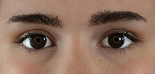 The brown eyes of a young woman in closeup