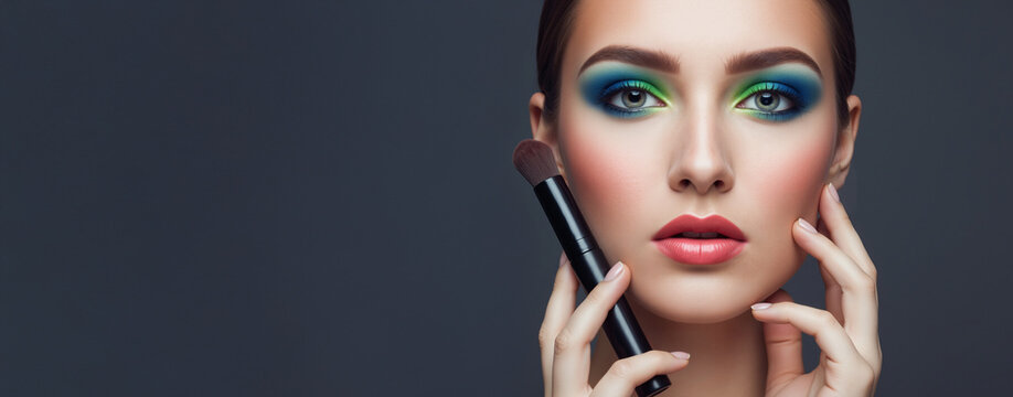 Woman with bright colorful eye makeup holding a brush on a grey background. Creative makeup artist services. For beauty salon and cosmetics advertising with copy space
