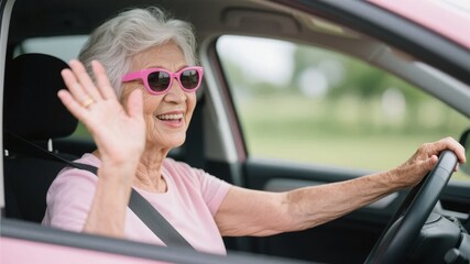 Elderly woman driving a car, wearing pink sunglasses and waving