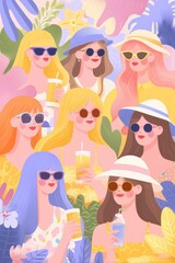 Colorful illustration featuring a group of young women in summer attire, sipping drinks. They are styled with sunglasses and surrounded by vibrant tropical foliage, exuding a cheerful and relaxed vibe