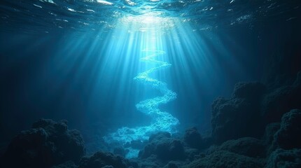 Fototapeta premium Underwater Sea Deep Abyss With Blue Sun light, Light beams, AI generative