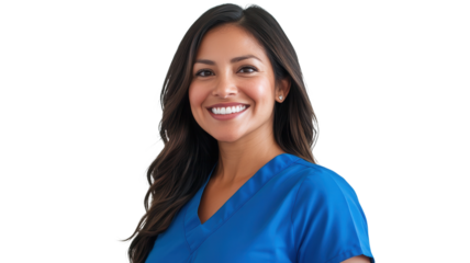 Smiling healthcare professional in blue scrubs radiates warmth and confidence during a bright, sunny day in a medical setting on transparent background