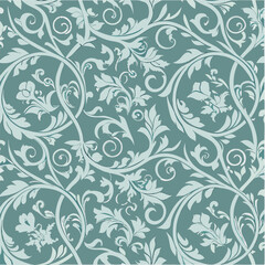 Elegant teal and white floral scrollwork seamless pattern background