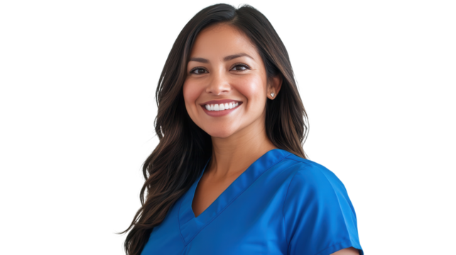 Smiling healthcare professional in blue scrubs radiates warmth and confidence during a bright, sunny day in a medical setting on transparent background