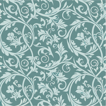 Elegant teal and white floral scrollwork seamless pattern background