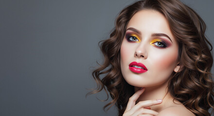 Fototapeta premium Woman with colorful makeup and pink lipstick against grey background. Professional makeup artist services and beauty salon advertisement. For fashion and beauty articles. Banner with copy space