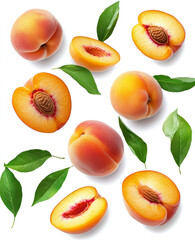 Falling peaches and peach slices with leaves isolated on a transparent background, top view