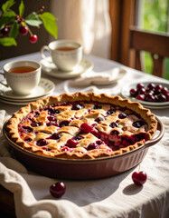 Warm Cherry Clafoutis and Earl Grey Tea on a Linen Table