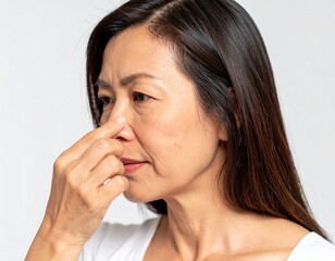 Fototapeta premium Middle-Aged Japanese Woman Pinching Nose from Odor in Studio スタジオ撮影で鼻をつまむ日本人中年女性
