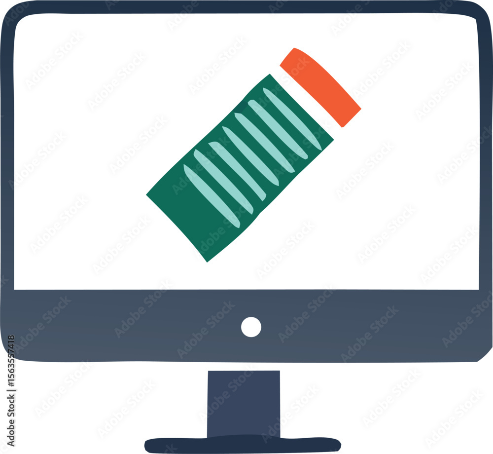 Poster stylized illustration of a computer monitor displaying a green pencil with a red eraser symbolizing 