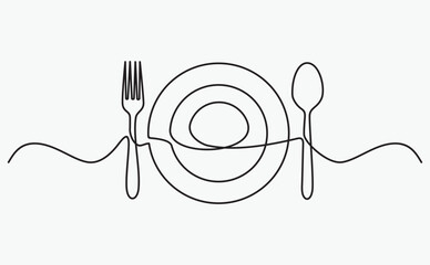 continuous line drawing of fork, plate and spoon. minimalist one line drawing of cutlery. single line vector illustration. 