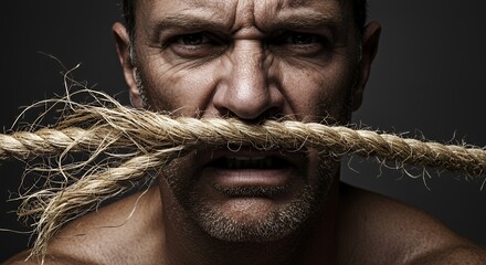 A man's face is partially obscured by a thick rope, his expression conveying intense frustration and struggle.