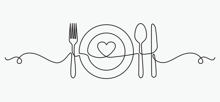 Naklejki continuous line drawing of fork, plate, knife and spoon. minimalist one line drawing of cutlery. single line vector illustration. 