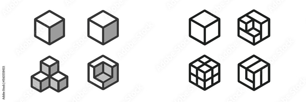 Poster various geometric shapes displayed in black and white with different cubic structures and perspectiv