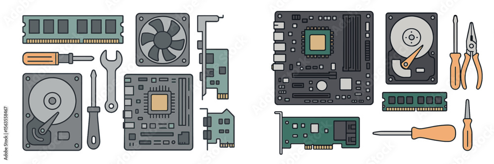 Aufkleber collection of computer hardware components laid out for assembly or repair in a workshop setting