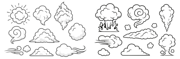 Various cloud and smoke illustrations in simple black and white style, suitable for design projects and educational purposes