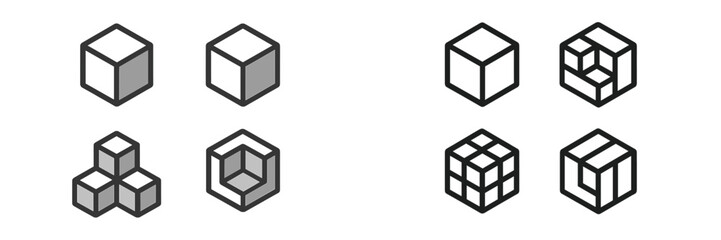 Various geometric shapes displayed in black and white with different cubic structures and perspectives