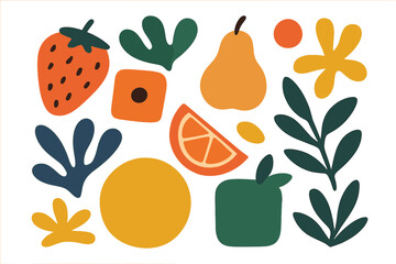 Colorful abstract fruit and leaf design with playful shapes in vibrant colors suitable for modern decor