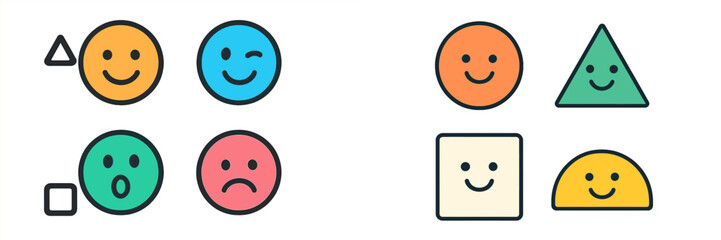 Different emotions represented by colorful shapes and faces in a playful design