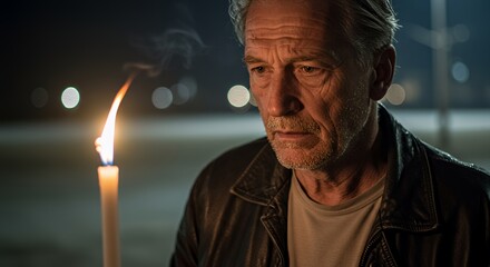 Pensive elderly man holds a flickering candle at night, lost in thought and contemplation, under a dark sky.