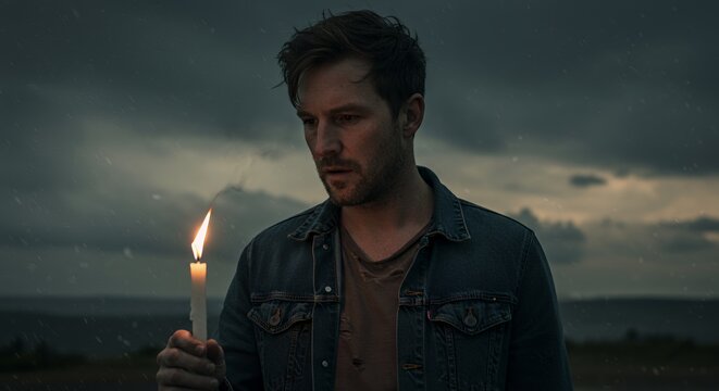 Man holds a flickering candle against a stormy sky, a solitary figure in the fading light.