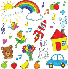 Obraz premium Kid crayon hand drawn background. Children school pencil bg. Cute summer flower, cloud, house, rainbow sun child icon. Vector kid sketch illustration. Cute crayon children pattern. Color pencil doodle