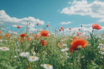 Obraz premium A vibrant field of wildflowers poppy sky outdoors.