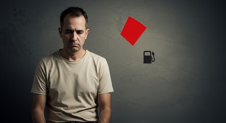 Worried man contemplates rising fuel costs, a red diamond symbol represents the high price.