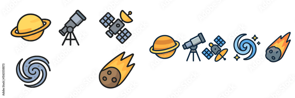 Poster exploring the universe with telescopes, satellites, and celestial objects in a vibrant design