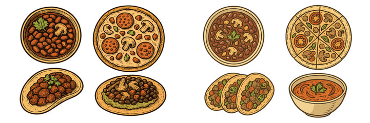 Delicious variety of dishes including pizza, tacos, and curry served in a vibrant setting for a lively dining experience