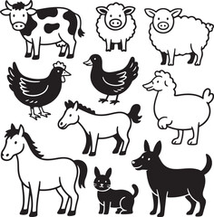 Farm Animal Doodle Set with Hand Drawn Cow Pig Sheep Chicken and More in Minimal Sketch Style