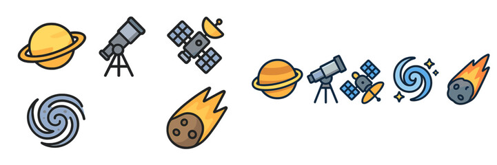 Exploring the universe with telescopes, satellites, and celestial objects in a vibrant design