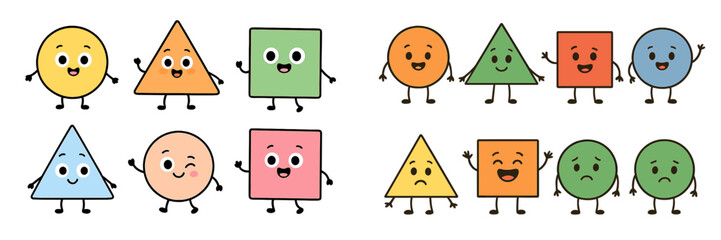 Colorful cartoon shapes with faces and expressions interact in a playful design suitable for children's learning