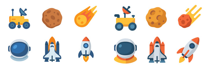 Colorful outer space icons featuring rockets, asteroids, and astronauts in a playful design © icon_art