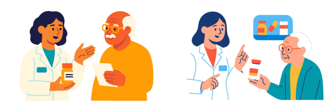 Health care professionals assist elderly patients with medication management in a clinic setting - Powered by Adobe