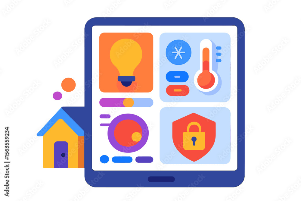 Poster digital home control interface displaying various smart home features and security options