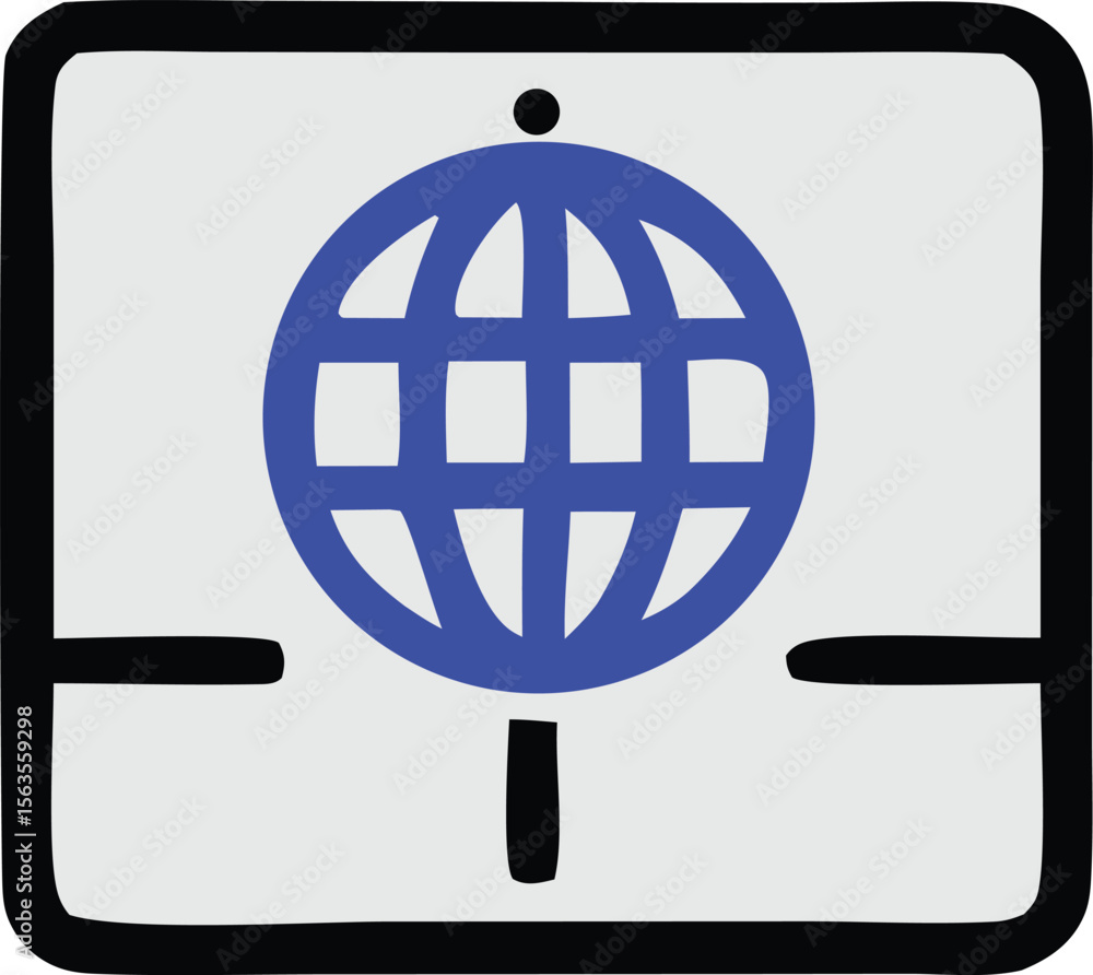 Poster a stylized blue globe icon with a black border and simple geometric elements representing global con